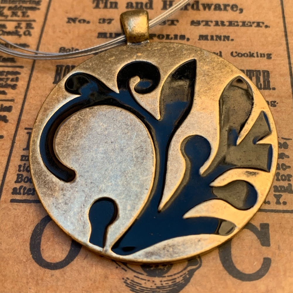 Brass Black Enamel Medallion Cable Wire Necklace